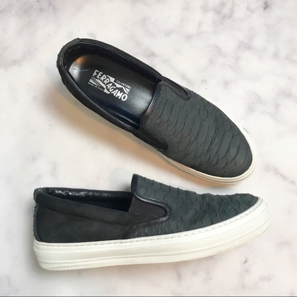 Salvatore Ferragamo Shoes - Ferragamo Pacau Suede Embossed Reptile Slip-ons